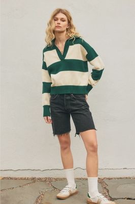 Rugby striped sweater collared V neck DF FWT11030-A