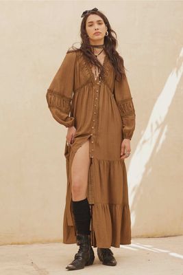 peasant v neck lace detail ls button up maxi dress Promesa FDB0094