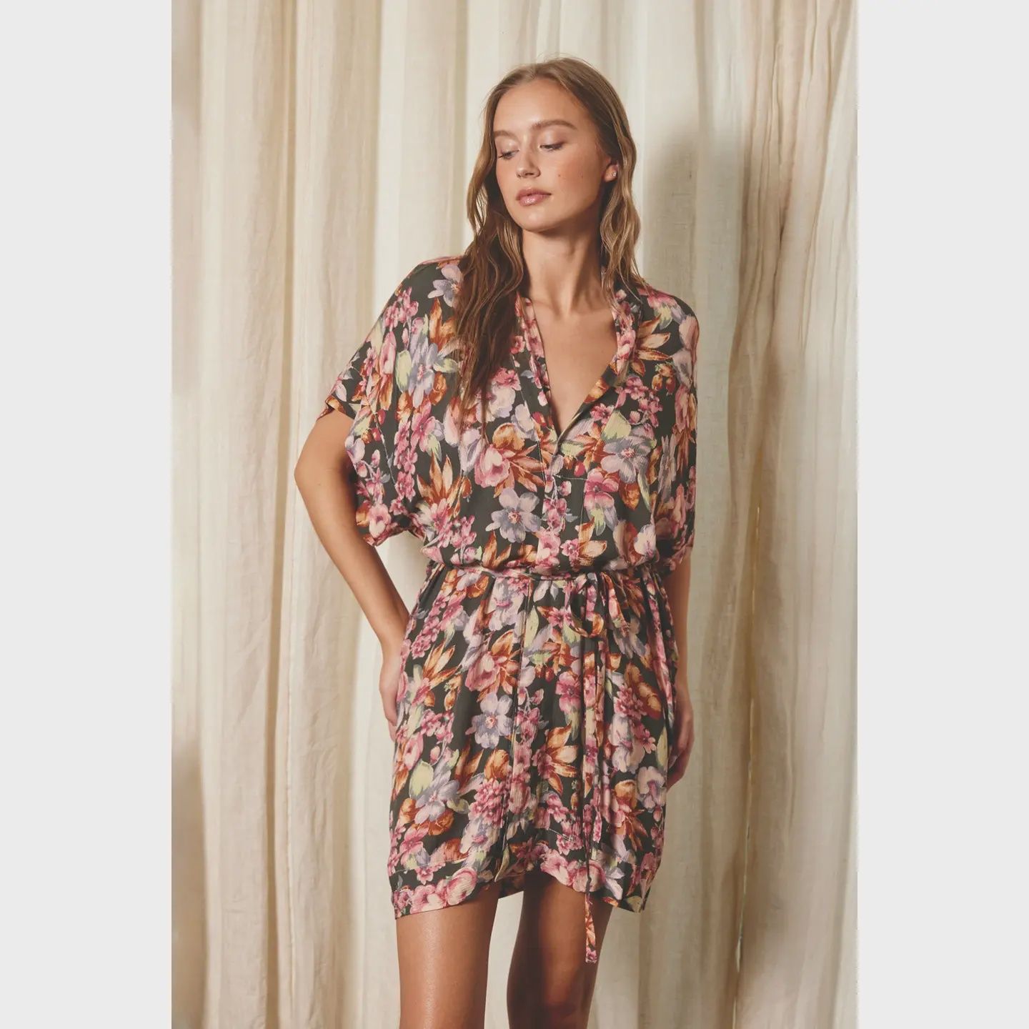 button up floral kimono style ss mini dress DF FD6747