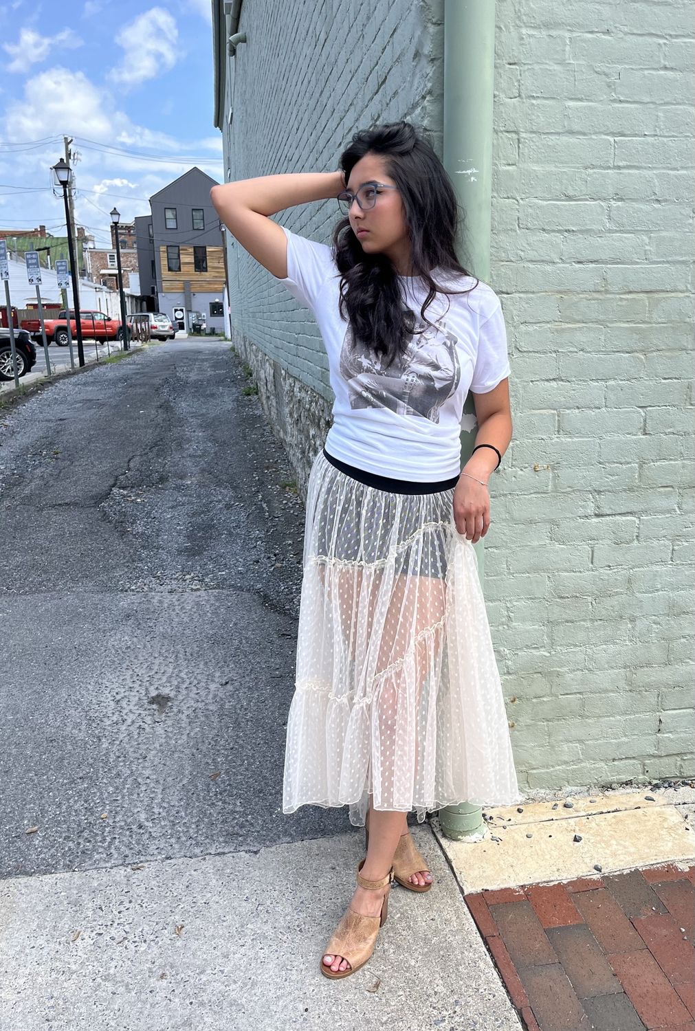 polka dot lace tiered maxi skirt BT L8579