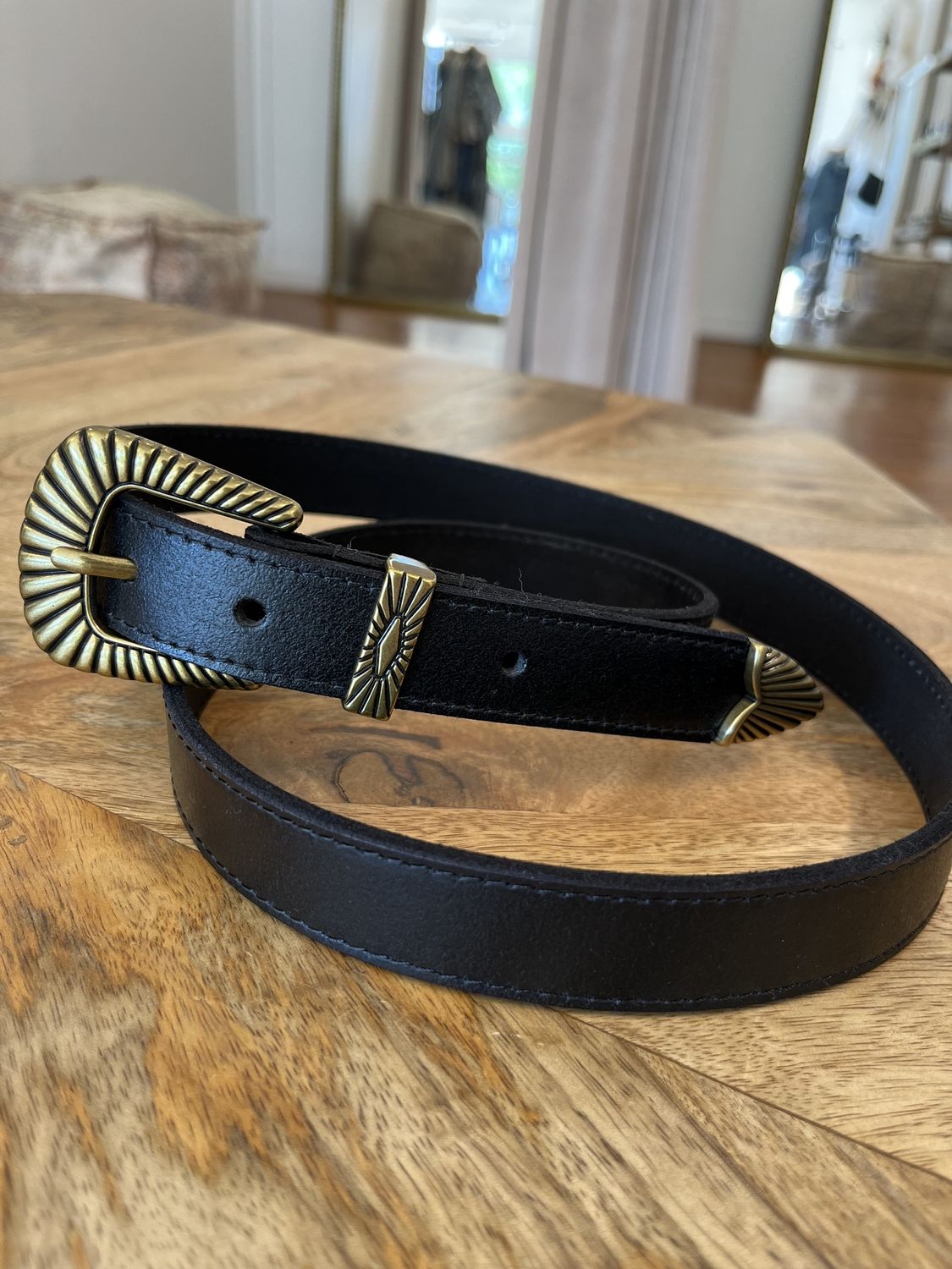 Black leather boho brass buckle belt