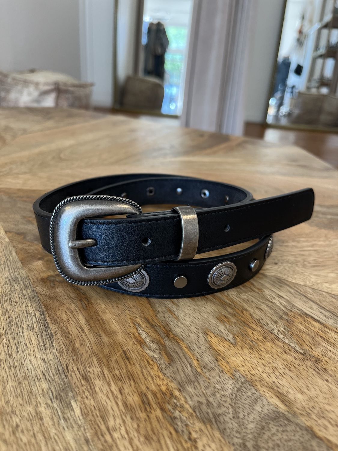 Black leather thin concho belt