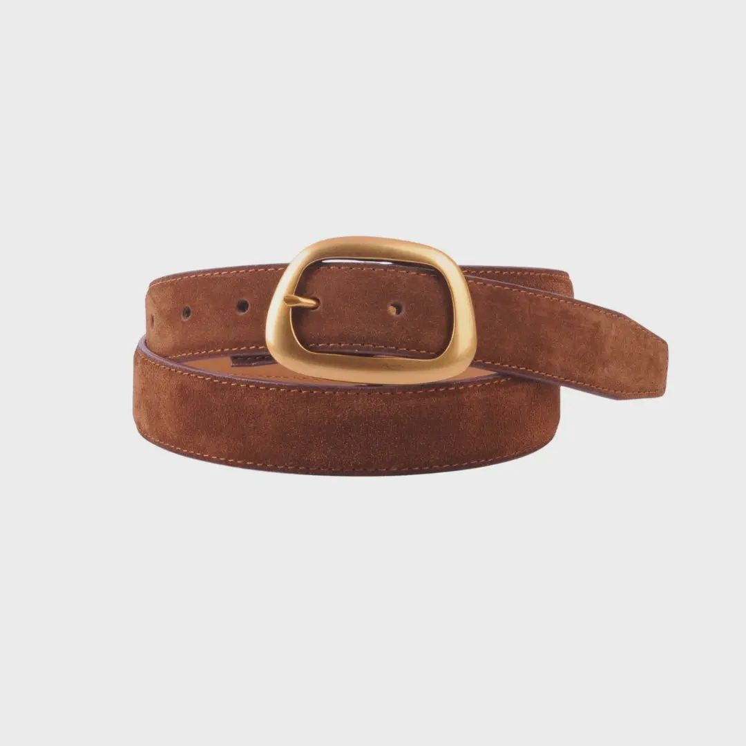 dark brown suede asymetrical round gold buckle