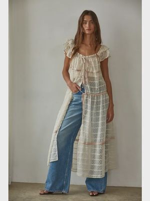 Woven sheer open front flare maxi dress