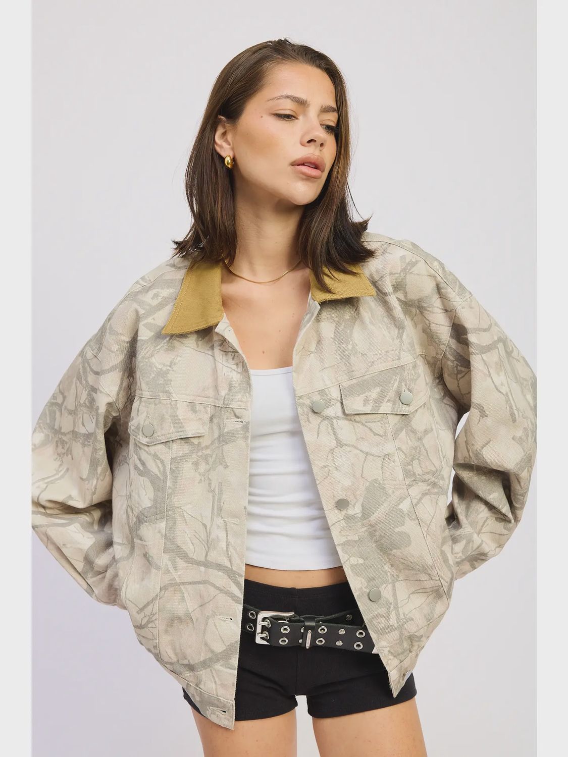 Woodlands Camo oversized trucker jacket contact collar