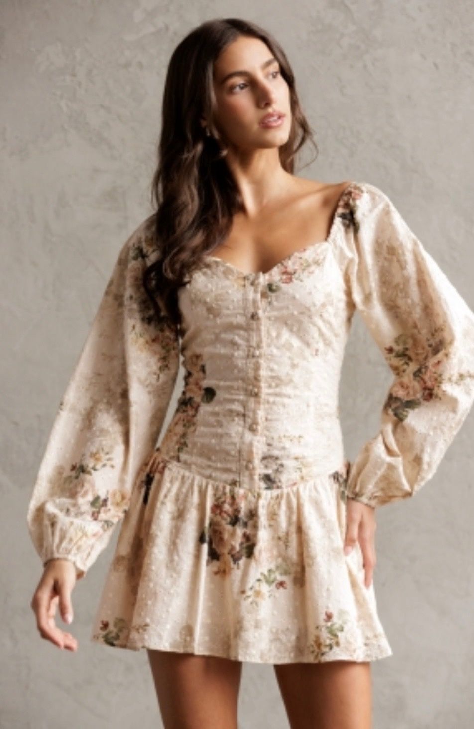 Sweetheart floral eyelet button font long sleeve mini dress