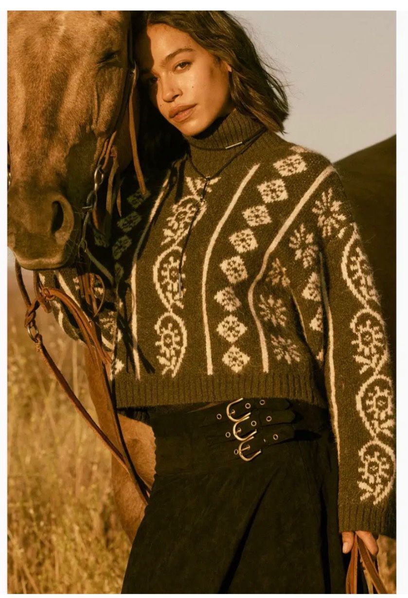 mock neck long sleeve patterned sweater