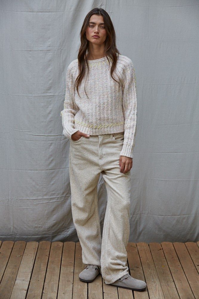 Knit Long Sleeve Sweater With Contrast Whipstitch