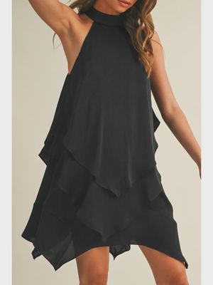 Ruffled layered halter neck handkerchief hem mini dress
