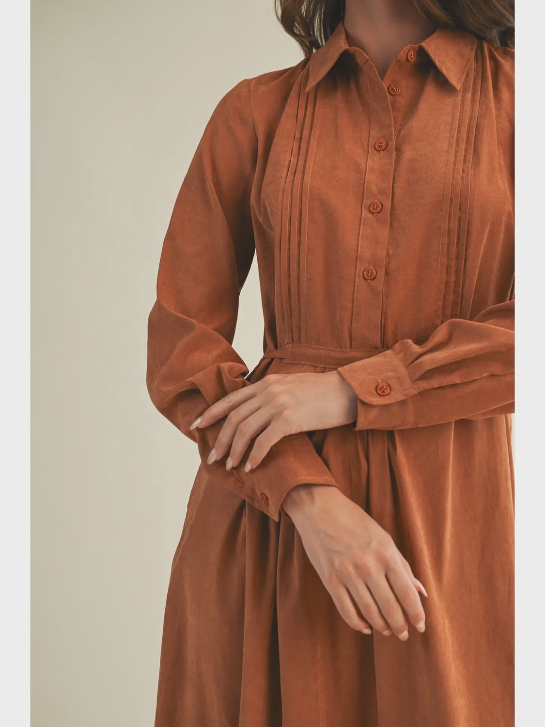 Faux suede ls collared midi pocket tie waist dress