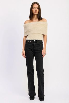 Fuzzy chenille off the shoulder fold over ss sweater top
