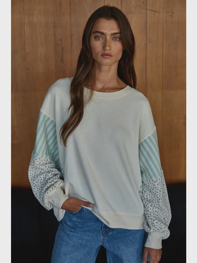 Stripe/floral ls waffle crew neck pullover