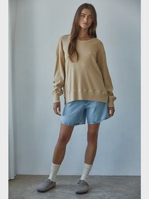 Knit drop shoulder ls side slit waffle sweater