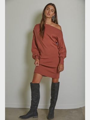 Knit sweater off the shoulder mini dress