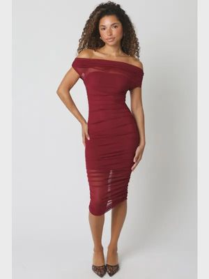 Cowl boat neck sheer midi dress with strapless slip