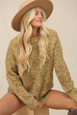 open knit confetti speckled crew neck long sleeve sweater