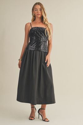detachable strap sequin/satin mid dress
