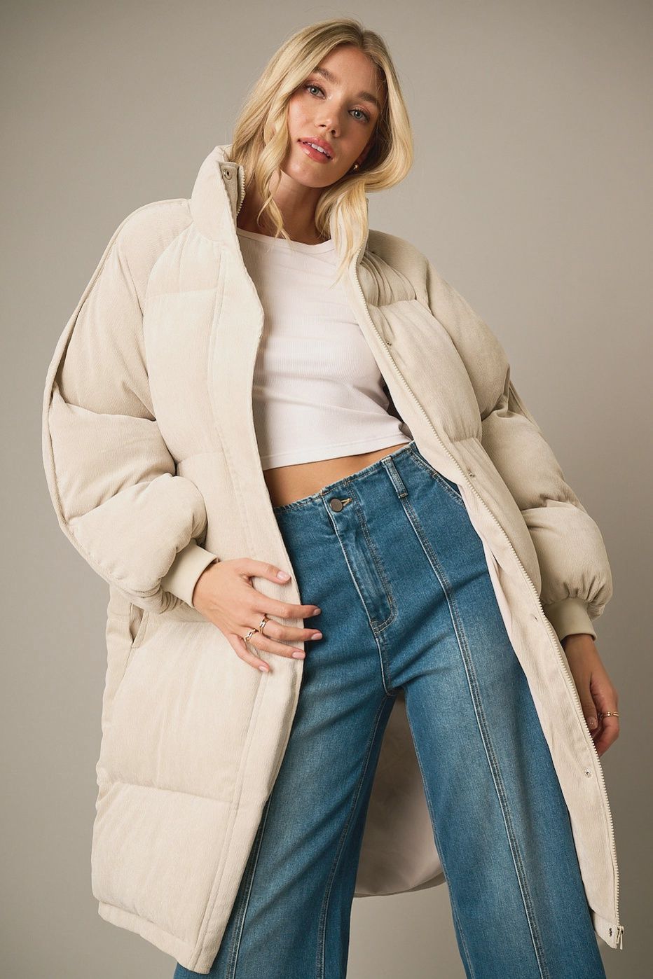 Corduroy Long Zip-up Puffer Jacket