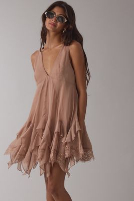 v neck hanker chief hem lace detail mini dress/romper