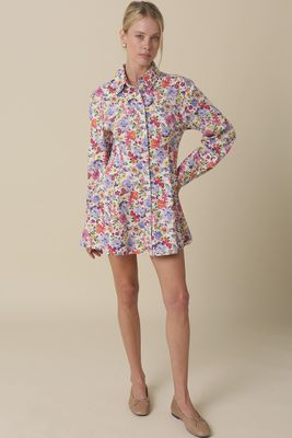 Floral ls collared pearl snap up mini dress