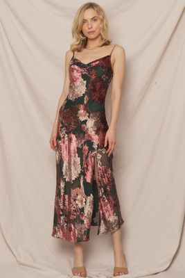 Floral Burnout velvet Cowl Neck Midi Dress