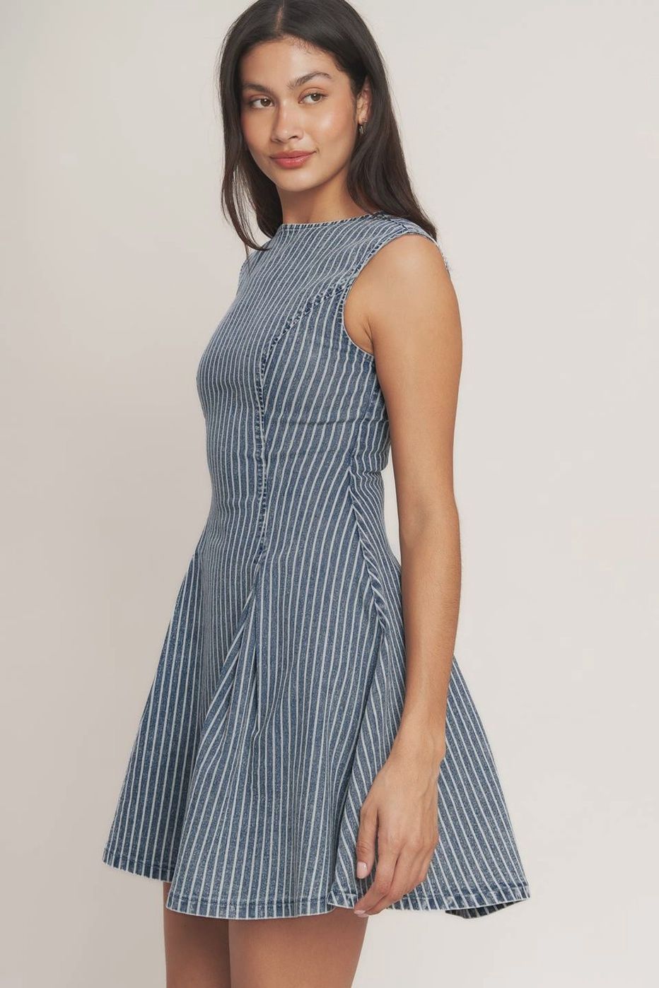 High Neck Striped Demin Mini Dress w/ Keyhole Back