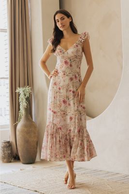 V-Neck Floral Maxi Dress w/ Ruffled Adjustable Straps