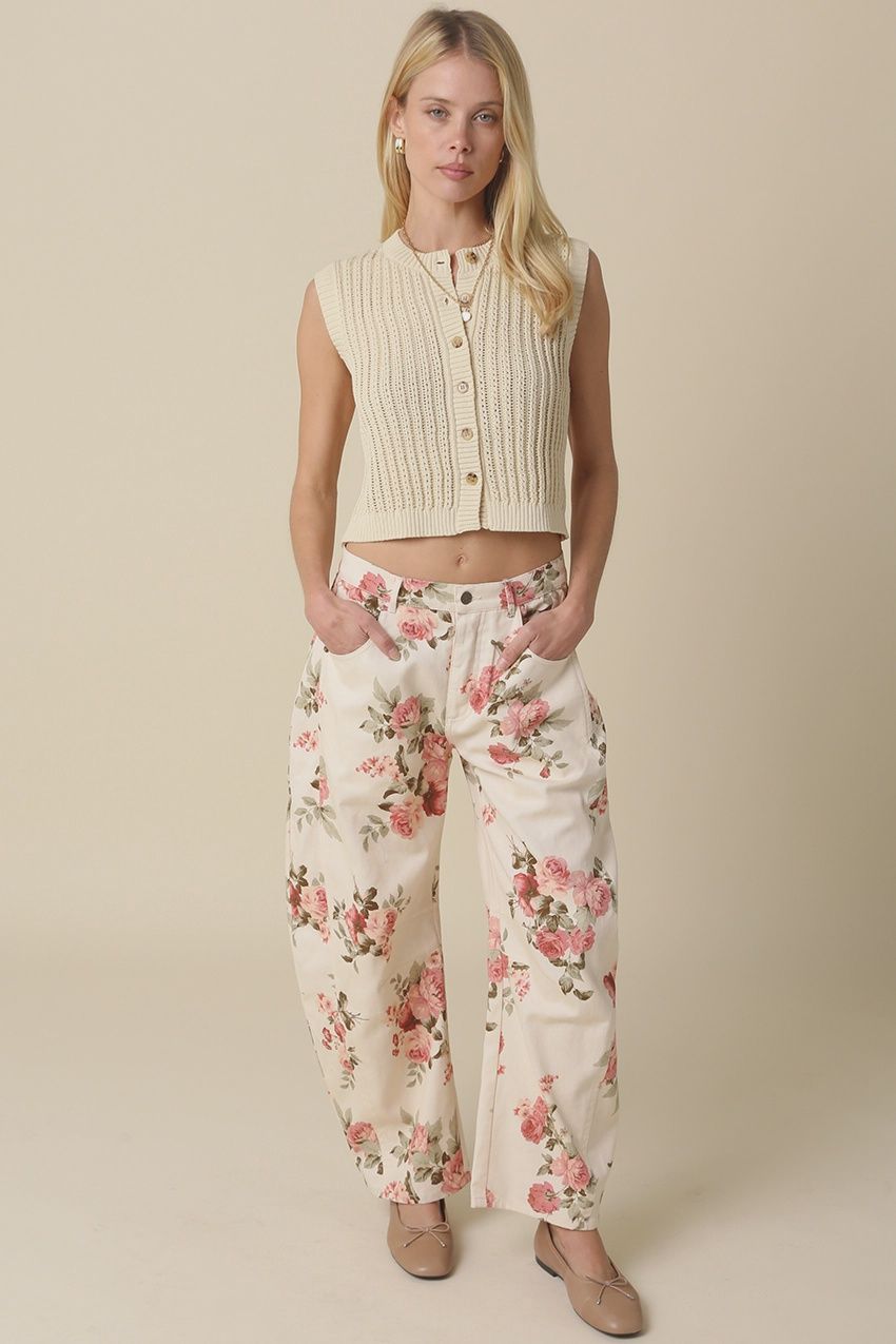 High Rise Floral Print Barrel Jeans