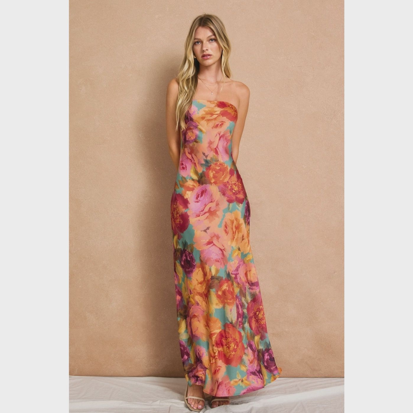 Strapless floral side slit maxi