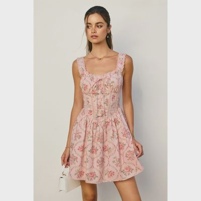 Romantic garden corset style lace strap detail mini dress