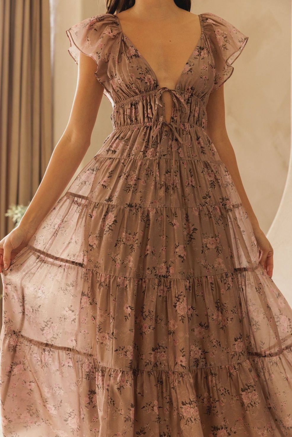 deep V 2 front tie ruffle strap tiered double layer maxi dress
