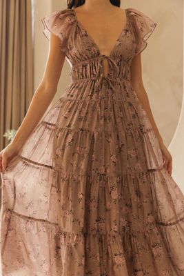 deep V 2 front tie ruffle strap tiered double layer maxi dress