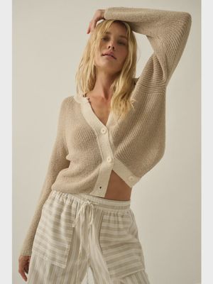Two tone 3 button v neck gauge sweater