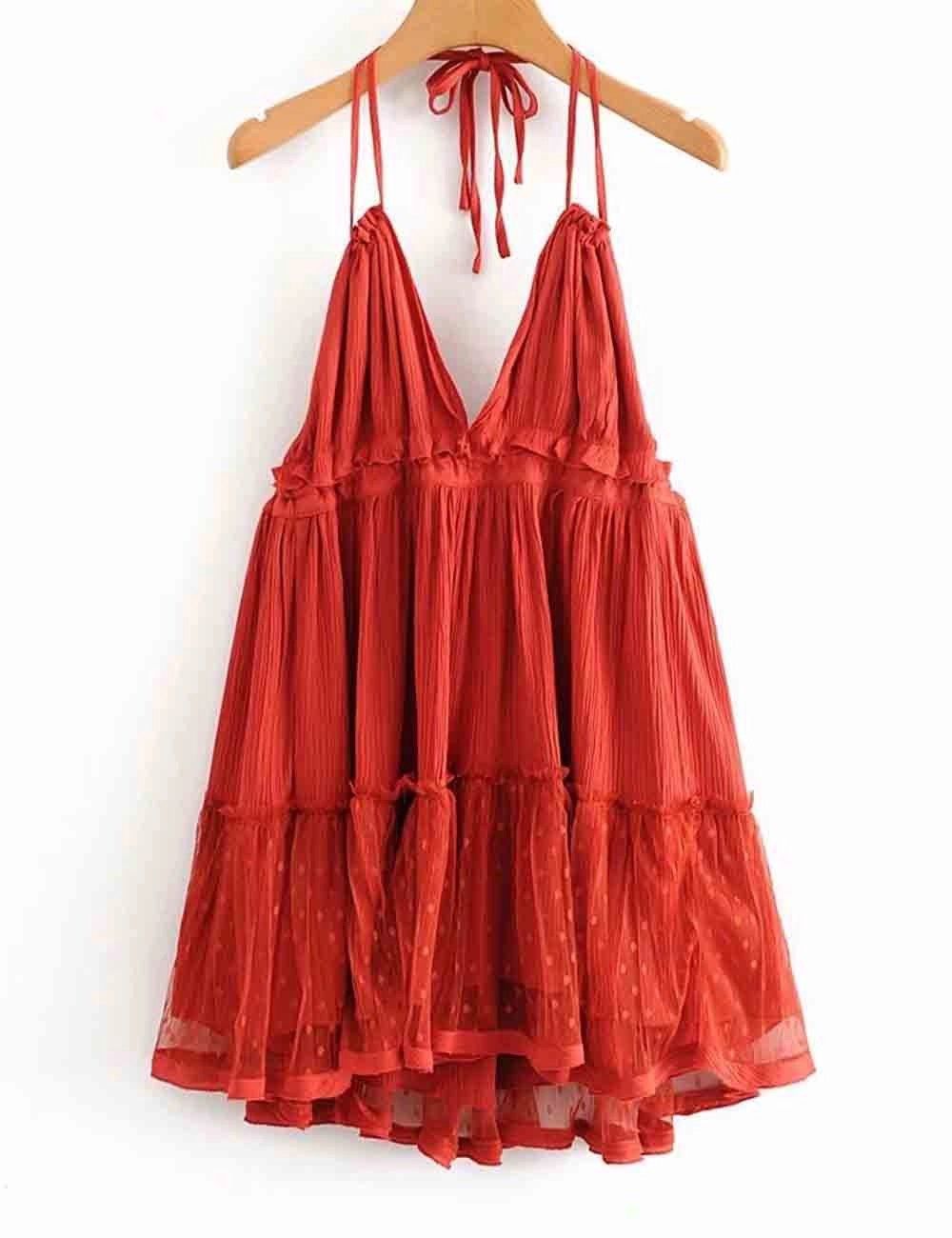 V-Neck Mesh Dot Halter String Mini Dress