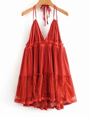 V-Neck Mesh Dot Halter String Mini Dress