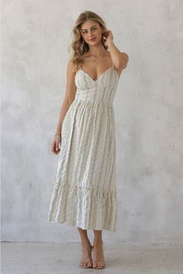 Ivory Blue Floral Maxi Dress With Smocked Back