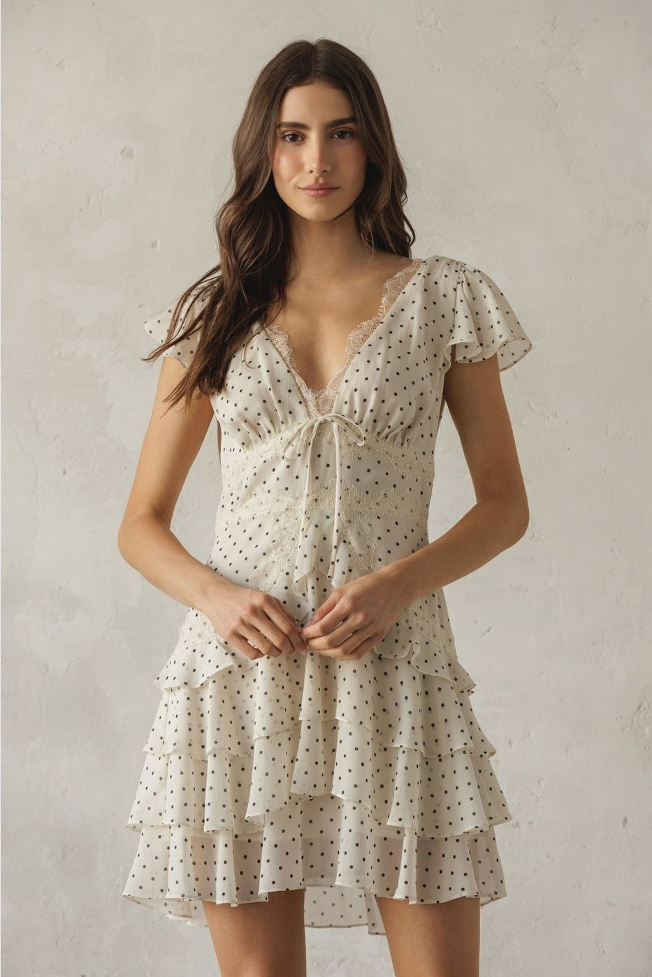 Ivory Poka Dot Mini Dress With Ruffled Sleeves / Deep V Neck