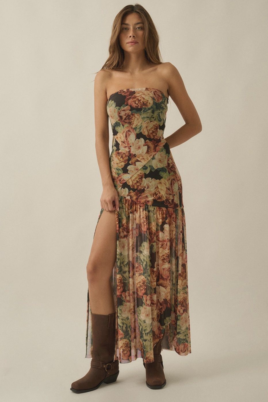 Strapless mesh floral side slit maxi