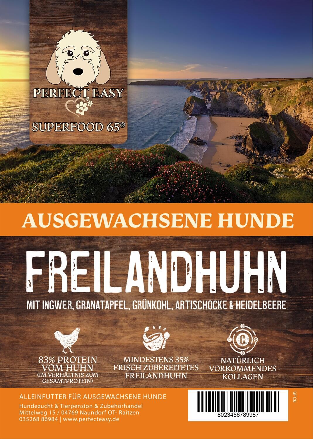 Superfood 65 Adult Hunde Freilandhuhn mit Ingwer, Granatapfel,  Grünkohl, Art