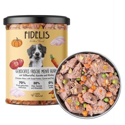 Fidels gekochtes Frische-Menü Huhn mit Süßkartoffel, Karotte und Kürbis (Glas)