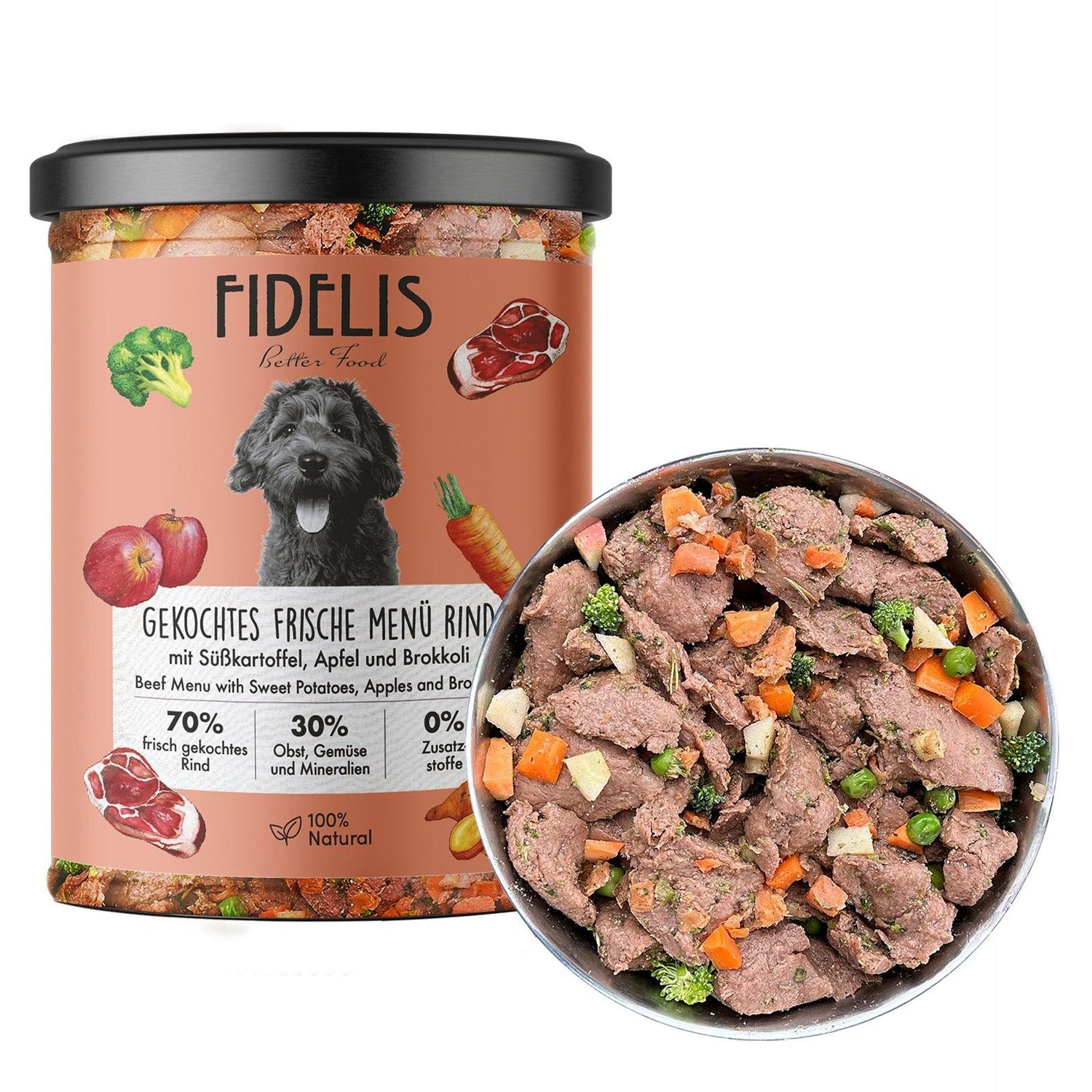 Fidels gekochtes Frische-Menü Rind mit Süßkartoffel, Apfel und Brokkoli (Glas)