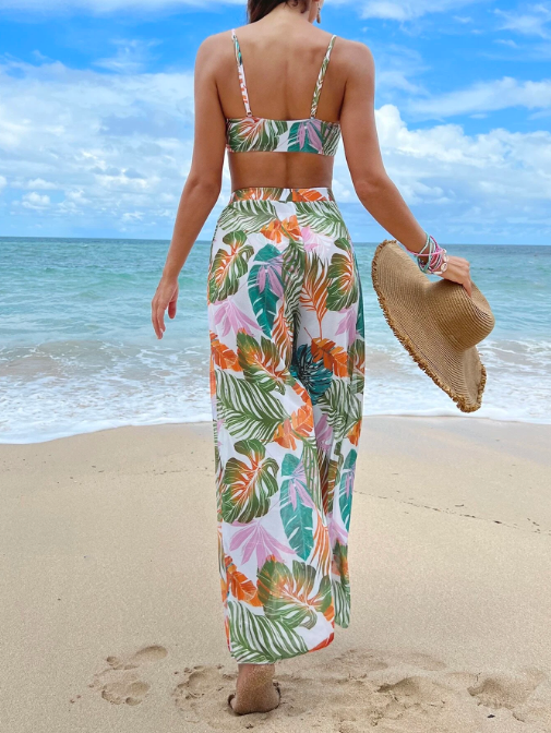 High Cut Bikini Swimsuit Set with Gorgeous Tropical Print Cover Up
