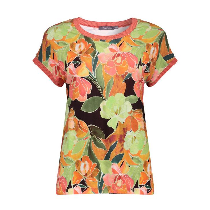 Geisha T-shirt with rib jersey AOP coral 62036-60 SARAH