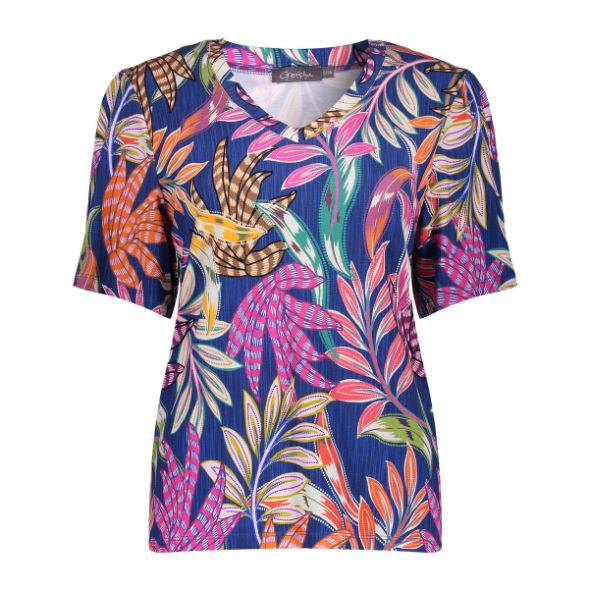 Geisha T-shirt V-neck jersey AOP blue 62034-60 JAZZ
