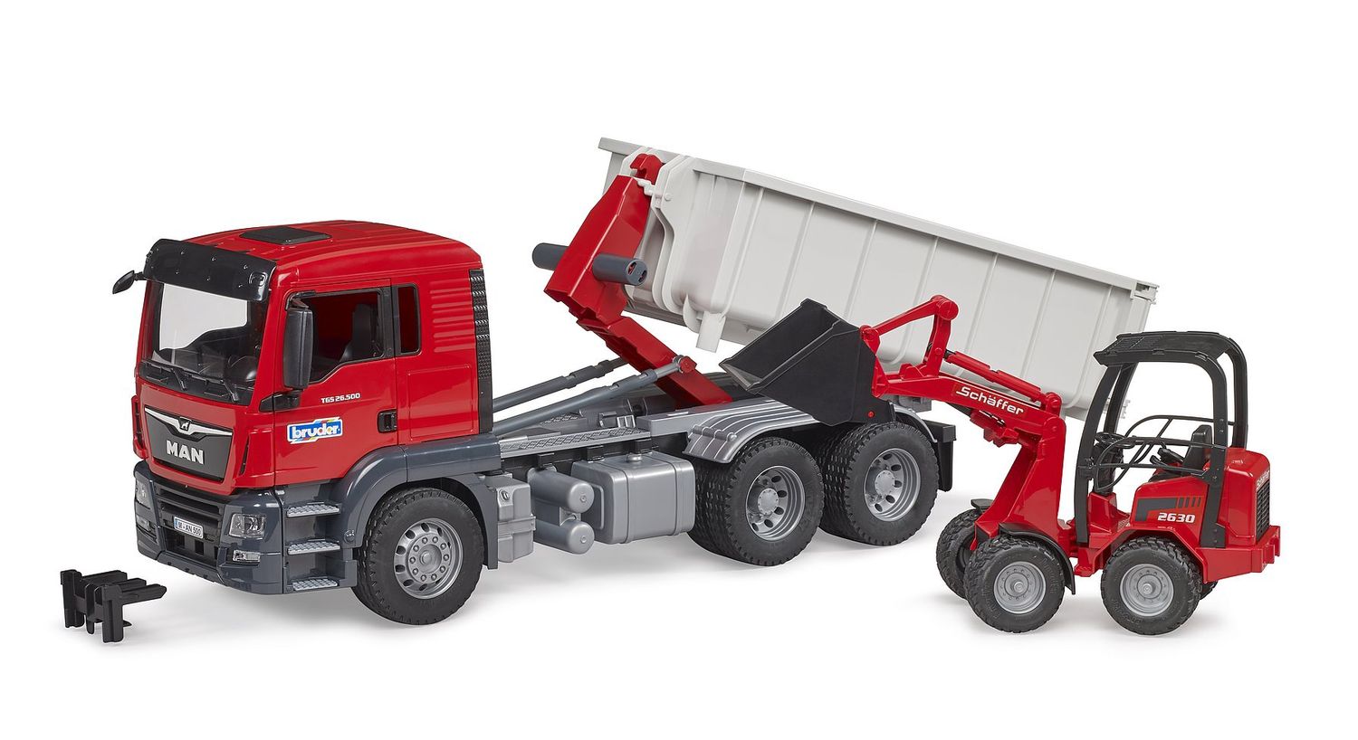 Bruder - MAN TGS Truck with Roll Off Container and Compact Loader