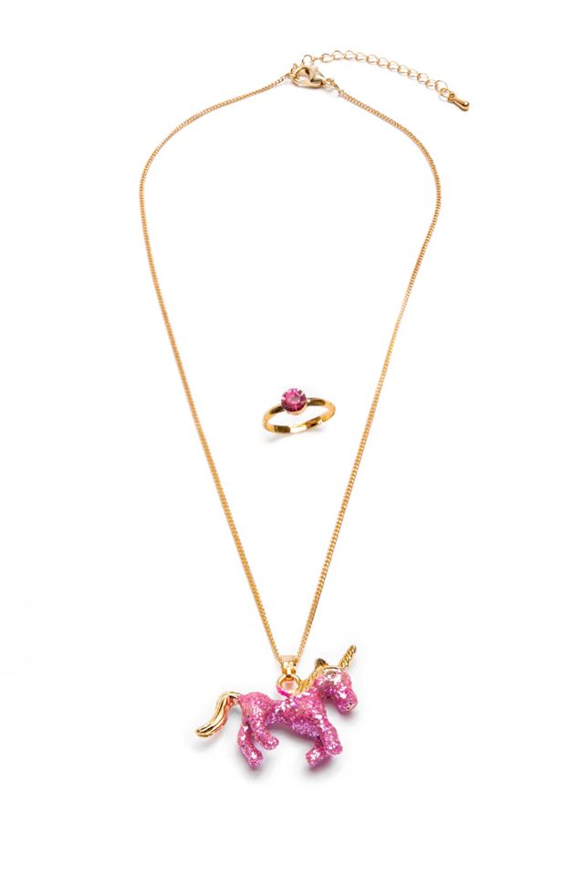 Great Pretenders - Glitter Pink Unicorn Necklace &amp; Ring Set