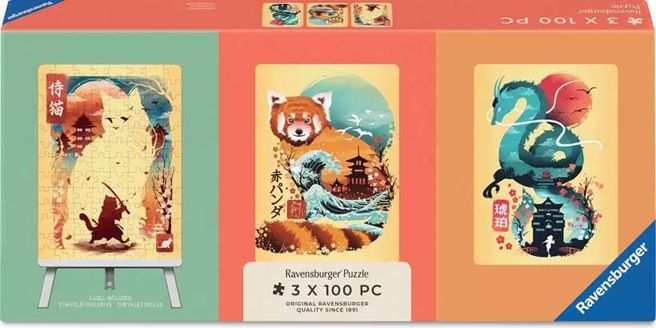 Ravensburger 3x100 Piece Puzzles - Ukiyo-E Cat Warrior, Red Panda &amp; Dragon