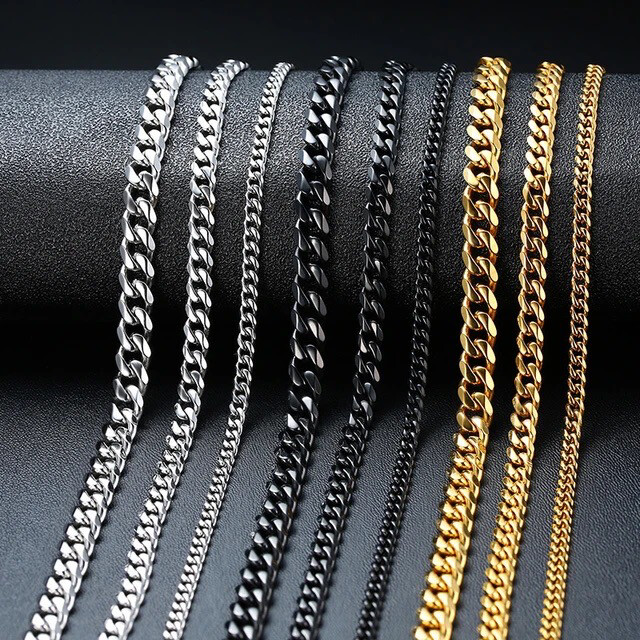 Stainless Steel Cuban Link Chain Necklace for Men: Gold, Silver, Black