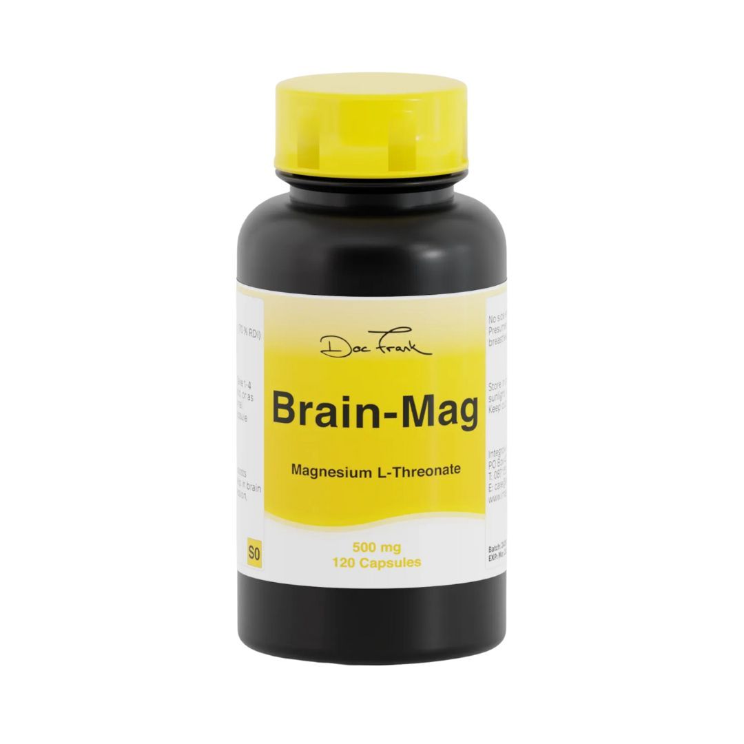 Brain-Mag 500 mg Magnesium-L-Threonate bottle, 120 capsules.