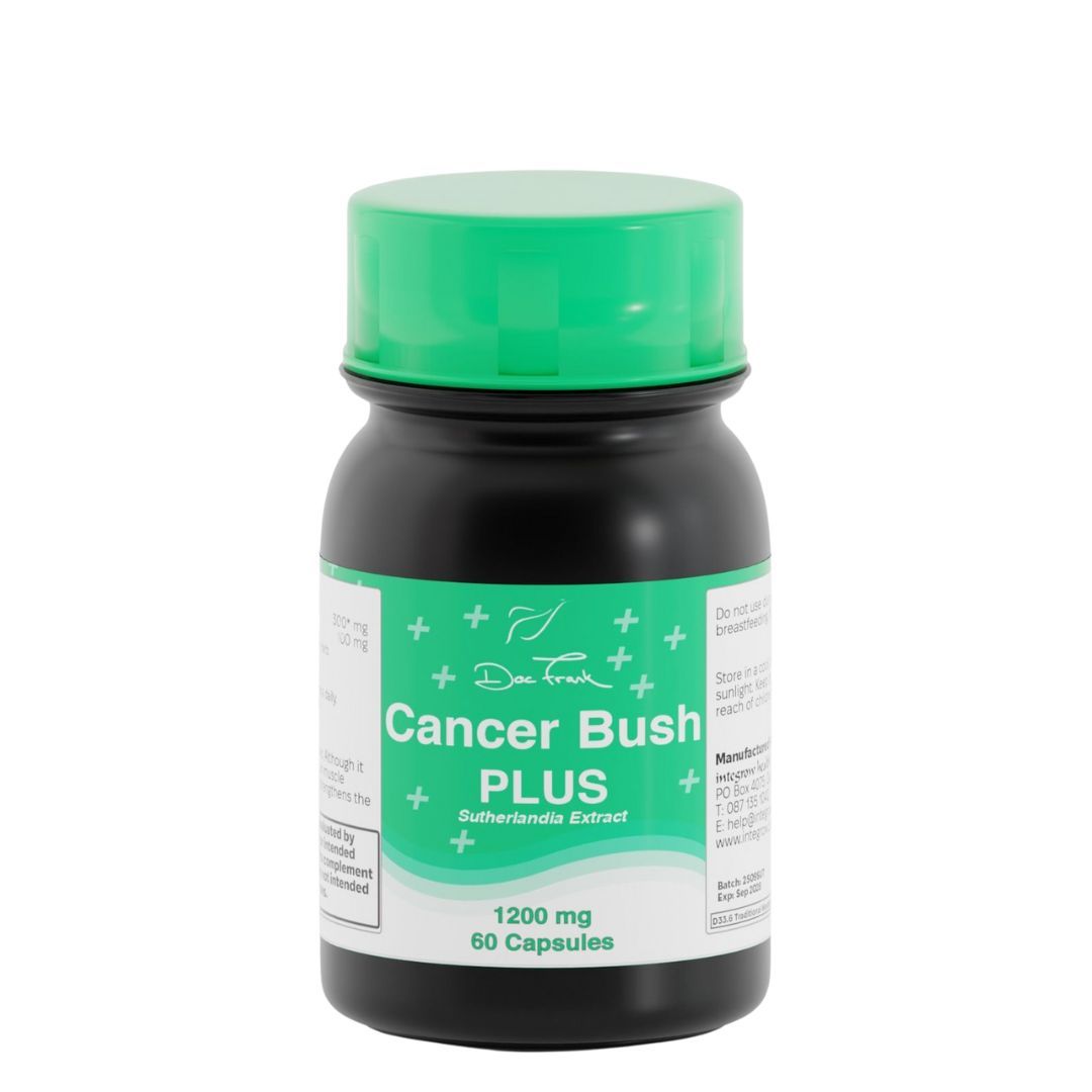 Bottle of Cancer Bush Plus 1200mg tablets – Sutherlandia frutescens immune support supplement.